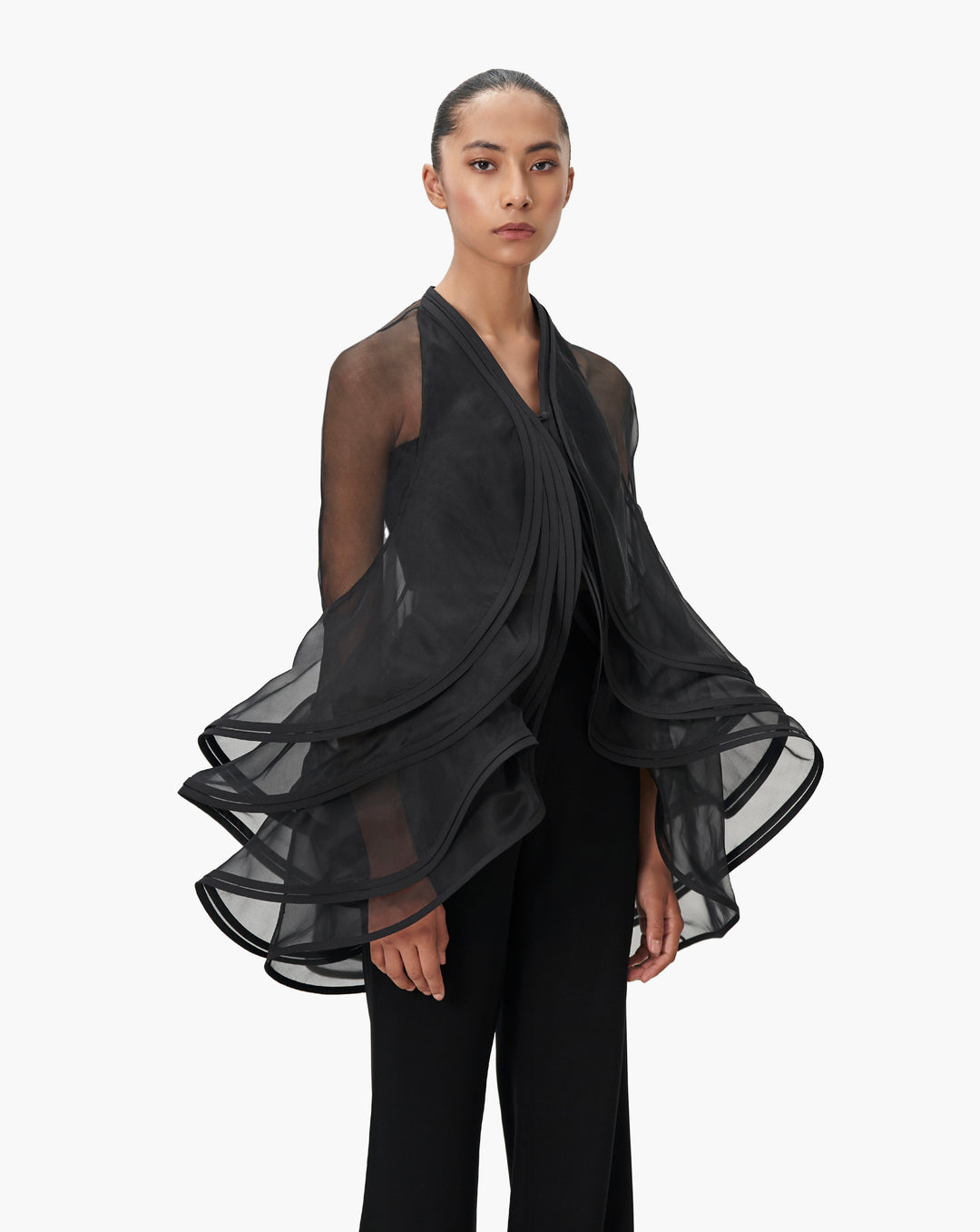 The Black Ruffle Cape with Top - Trouser Set