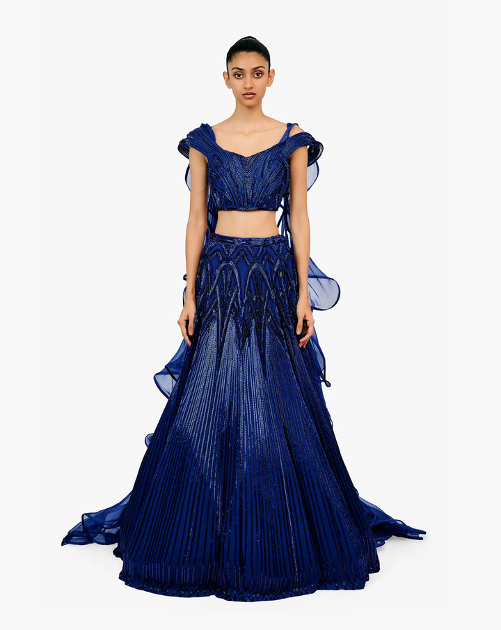 Blue embroidered lehenga with ruffled dupatta by Gaurav Gupta