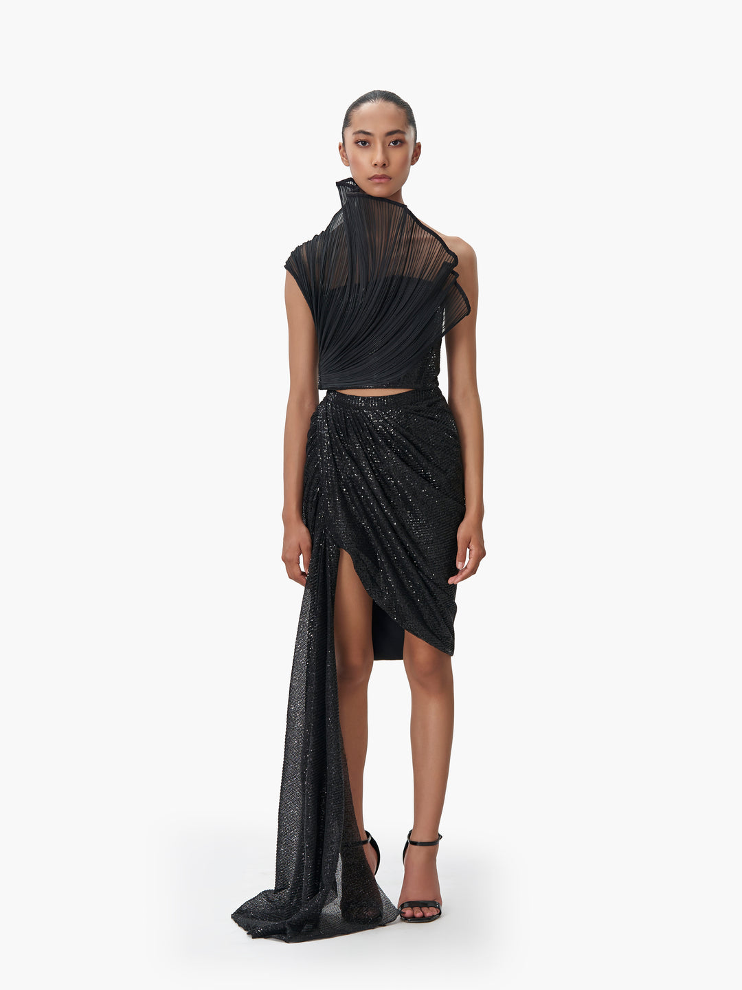 The Mini Black Sequin Draped Skirt