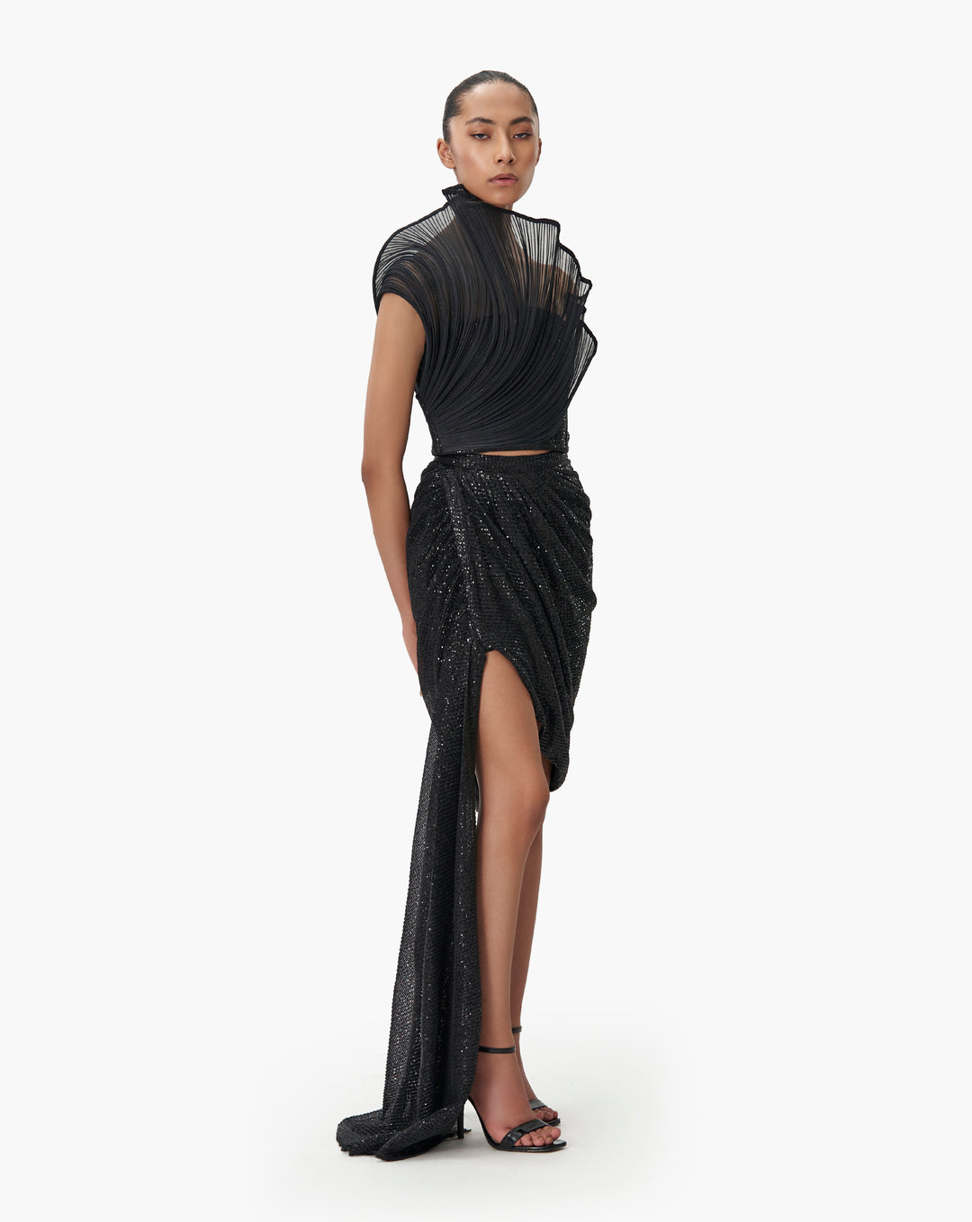 The Mini Black Sequin Draped Skirt