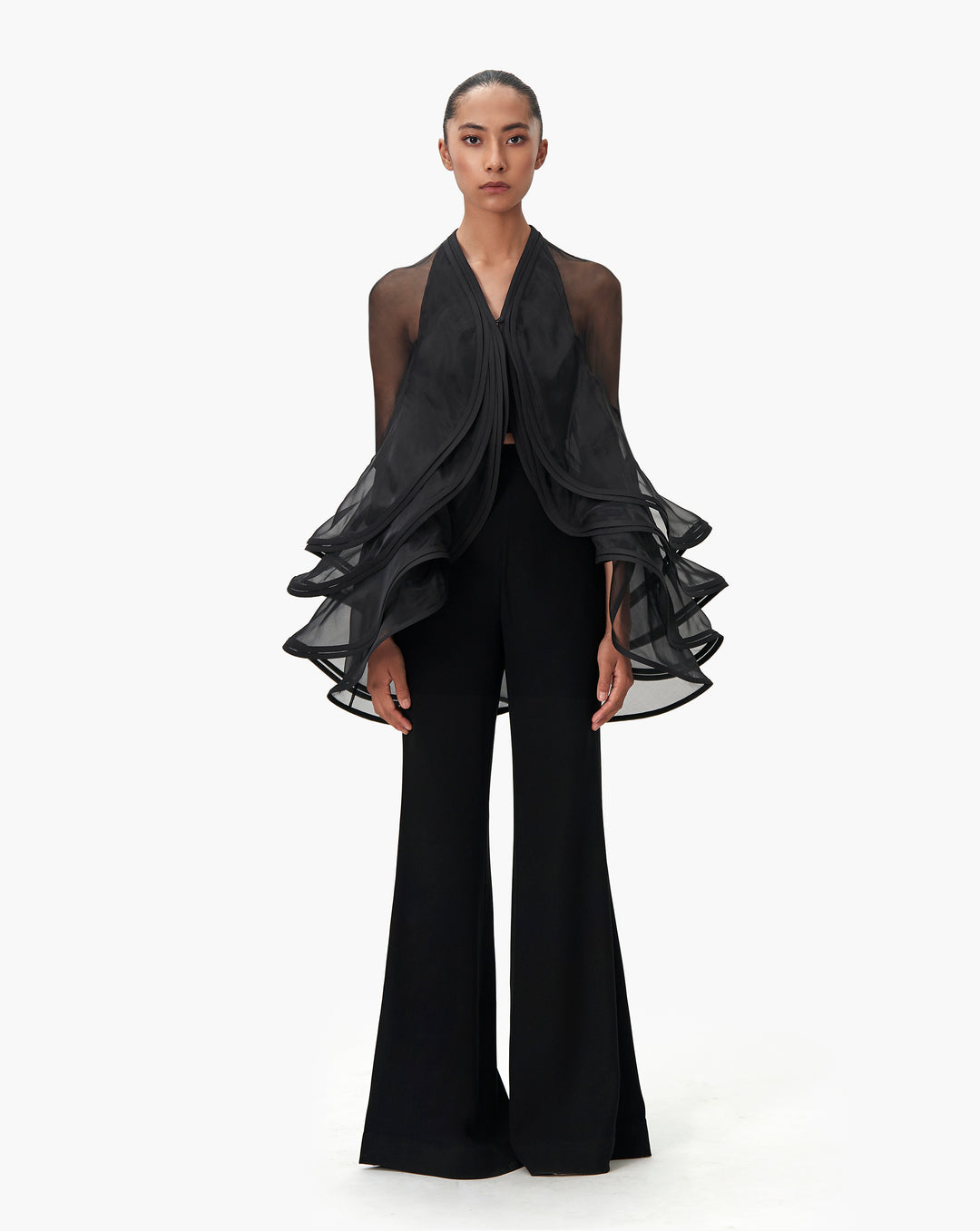 The Black Ruffle Cape with Top - Trouser Set