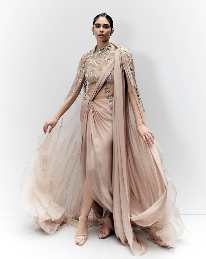 Crystal Draped Saree Gown